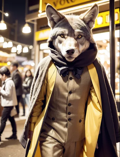 a wolf with human body fully covered,shopping at long outdoor animal market,night:1.4,ancient shop theme:1.4,(realistic lighting effects:1.4,raw photo,wear loose bright yellow formal suit,masterpiece:1.2, best quality:1.4,photorealistic:1.4