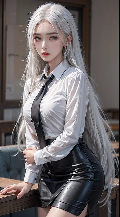 Photorealistic, high resolution, 1 woman, Hips up, Beautiful eyes, White hair, Long hair, ringed eyes, Collared shirt, black necktie,Black skirt, pencil skirts