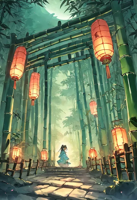 Bamboo lanterns,(Kongming Lantern),Bamboo lanterns,the night,themoon,game scenes,Ancient Chinese palaces are located above the clouds,surrounded by cloud,Homem-Imponente,glazed tiles,BUDDHA STATUE,gorgeous color,In the foreground are three arches((Color in...