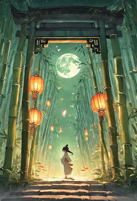 Bamboo lanterns,(Kongming Lantern),Bamboo lanterns,the night,themoon,game scenes,Ancient Chinese palaces are located above the clouds,surrounded by cloud,Homem-Imponente,glazed tiles,BUDDHA STATUE,gorgeous color,In the foreground are three arches((Color in...