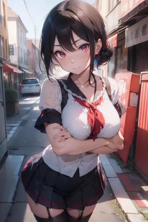 Alice Nagiri、embarassed expression、Colossal tits、Ribbon Ties　red lace brassiere　Blue sheer blouse with open chest　Tight skirt with black and white stripes、Downtown、White fishnet stockings、A slender、A dark-haired、Golden earrings、wrist watch、Looking at the c...