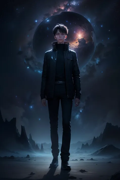 /imagine prompt: A young man standing on a distant planet, facing the endless starry sky, with a thin and weak figure, a hint of confusion and unease in his eyes, a mysterious and unknown atmosphere surrounding the planet, giving a sense of distance and ma...