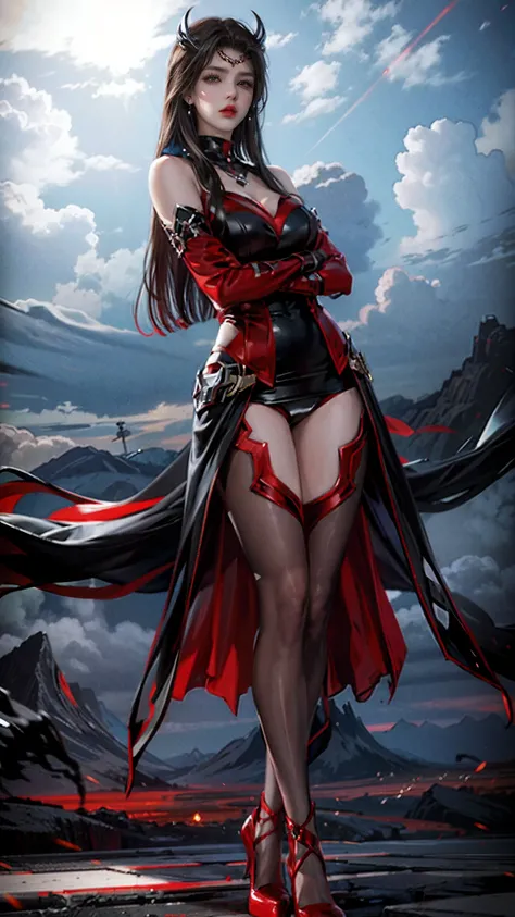 brunette color hair，What a cold look，Clothes in black and red clothing，show legs，Long legs，red high heel pumps，