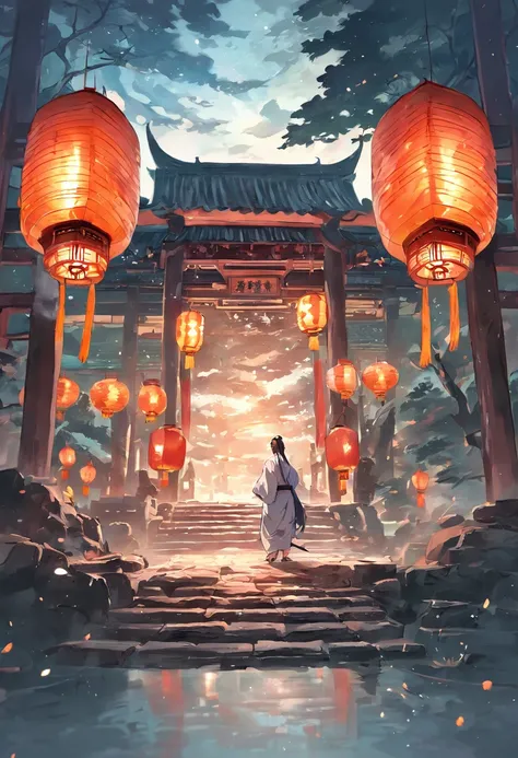 Floating lanterns，Ultra-realistic details of Kong Ming lanterns,(Kongming Lantern),Bamboo lanterns,the night,themoon,game scenes,Ancient Chinese palaces are located above the clouds,surrounded by cloud,Homem-Imponente,glazed tiles,BUDDHA STATUE,gorgeous co...