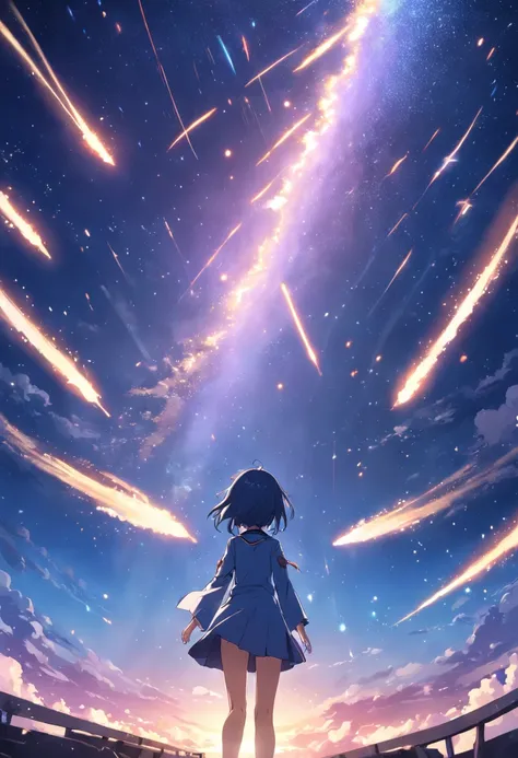 Anime characters sky shooting stars across the sky