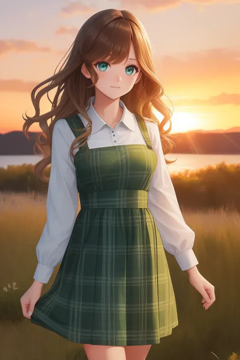 girl with light brown, wavy hair, dark green eyes, wearing light blue plaid dress, sunset background, sunset, 4k,(((high quality...