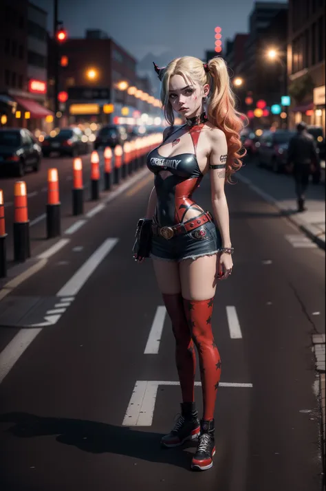 centered, full body shot, masterpiece, | Harley Quinn, standing, looking at viewer, | city, urban, street, city lights, | night, bokeh, depth of field,