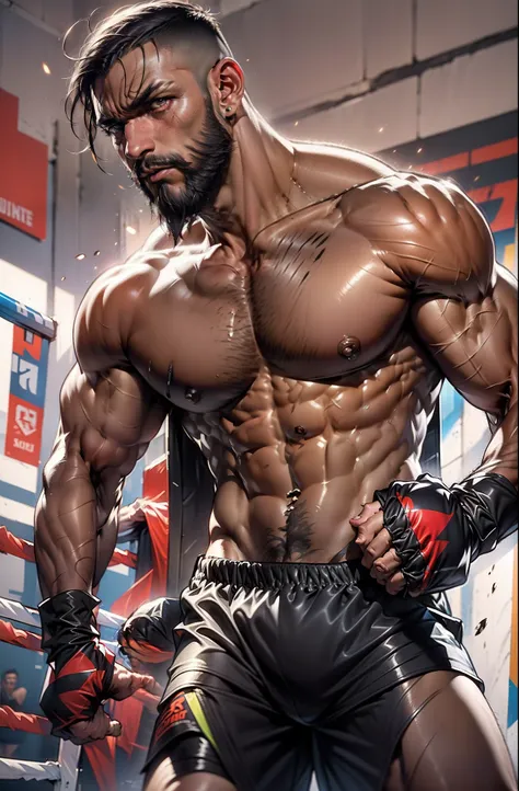 1male, fine, with brown skin, Boxing briefs, Beard, of a shirtless, short hair, buzz cut, hair bobbles, cowboy shot, close-up, ray tracing, Verism, Anatomically correct, Best quality, High details, ccurate, masterpiece, UHD, 4K