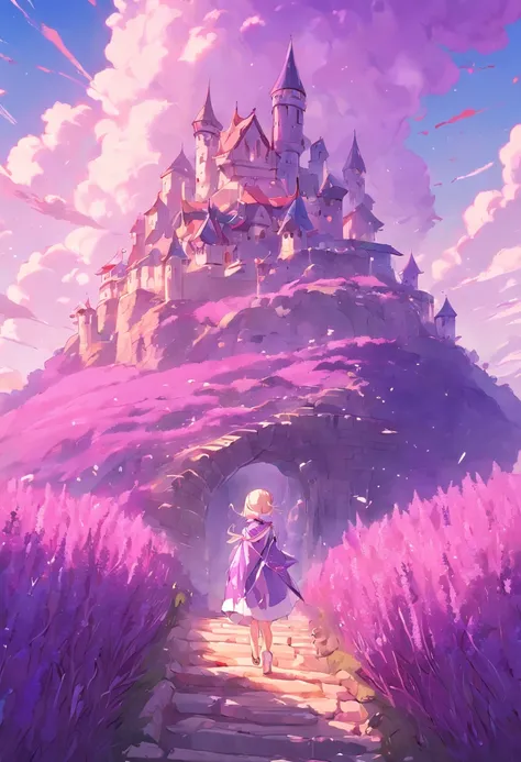 High fantasy image of rainbow lavender fortress