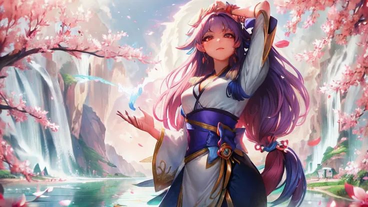 (extremely detailed CG unity 8k wallpaper,masterpiece, best quality, ultra-detailed, intricate detail),(best illumination, best shadow, an extremely delicate and beautiful), 1girl, keqing, outdoors, cherry blossoms, water, lake, purple hair