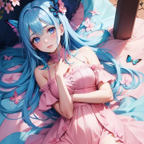 a women, blue butterfly, blue hair, pink eyes, pink dress