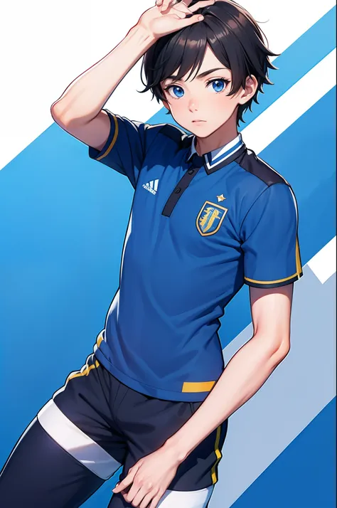 menino de anime em uniforme azul posando para uma foto, uniform de futebol,no estilo de kyrill kotashev, fanart oficial behance ...