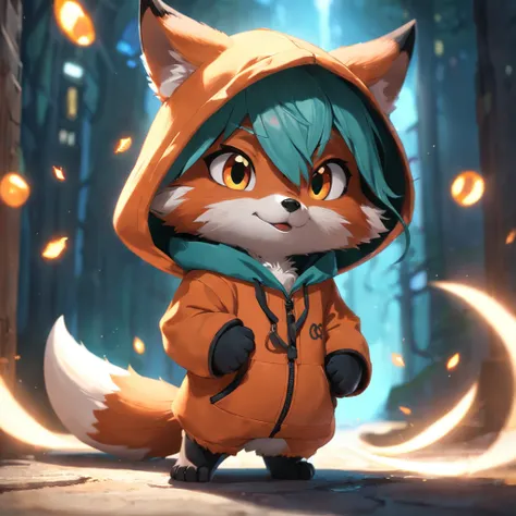 Adorable fox in Pixar movie style, usando um capuz, cinematic lighthing, Depth detection, hiper detalhada, qualidade 8k.  depth of fields，perfect lighting，light particles，（best quality），（tmasterpiece），（Ultra - Detailed），sharp focus，light particles，Niji，fox...