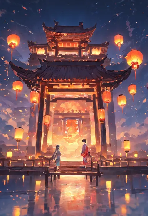 Floating lights, cinematic light and reflections, Glowing lights, Intermediate metaverse elements，Digital painting, glowing reflections, Pondering, Floating lanterns, calm evening, Digital illustration, beautiful ambiance, Sky lights at night, serene eveni...