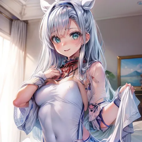 top-quality,ultra-detailliert,​masterpiece,realisitic,Photo Real,Bright lighting,1 girl in, an extremely beautiful 17-year-old girl, (kawaii:1.2),A big smile, (blue eyess),(Silvery hair),(bangss),perfect glossy skin,flawless skin,((erotick,Sexy and sexuall...