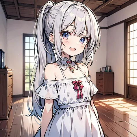 An anime girl around 5 years old，Double ponytail hairstyle 1.5，Long white hair 1.5，Wearing a plain white dress，Stand in the girls room（Open your mouth and laugh 1.5）（Shy expression 1.5）（The background is in the room in the village：1.5），Anime style 4K，Anime...