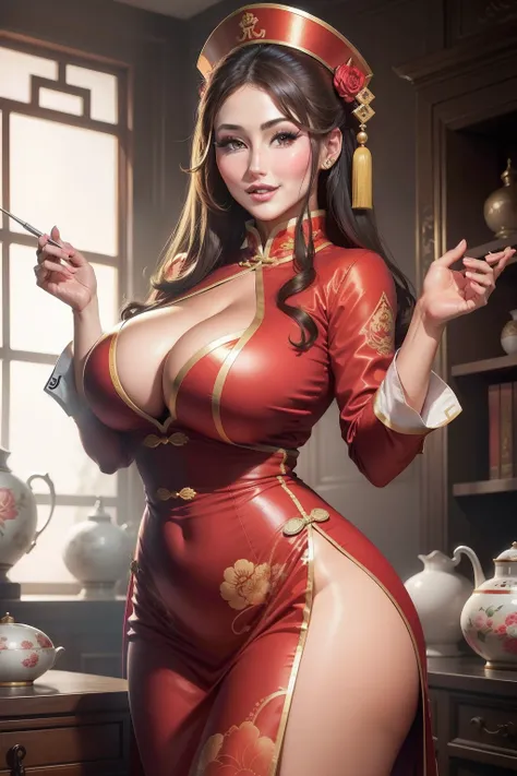 lucy pinder, face, chinese outfit, smiling, chinese makeup