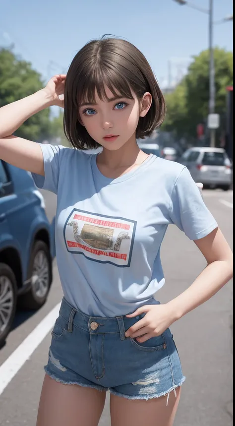 masterpiece, best quality, absurdres, perfect anatomy, 1girl, solo, Ronye Arabel, short hair, blue eyes, t-shirt, denim shorts, standing, outdoors, city, hands in pockets