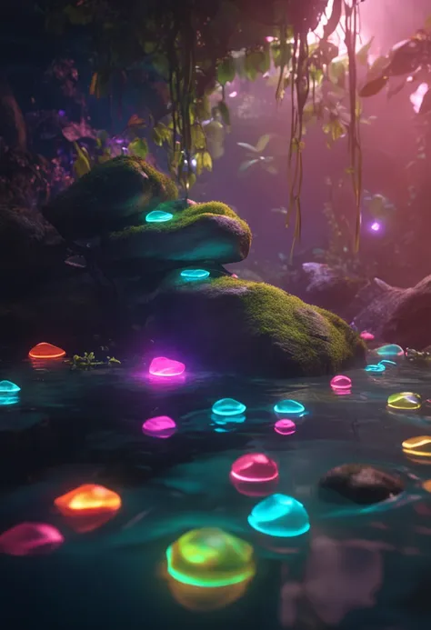 There are many glowing plants on the suspended stones, which float in the jungle