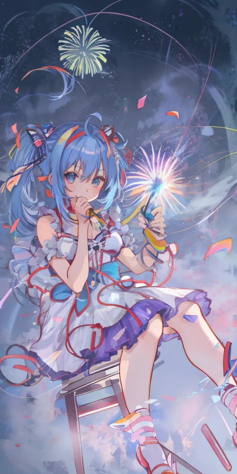 Anime girl with blue hair sitting in chair holding fireworks