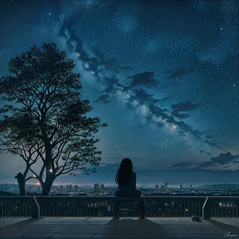 octane, sky, star (sky), landscape, starry sky, night, only child, night sky, solo, outdoor, signature, building, clouds, milky way, sitting, tree, long hair, city, silhouette, cityscape