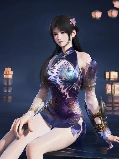 1girll,Cityscape,Night,dress,china dress,Chinese clothes,hair adornments,hair flower,Detached sleeves,(view the viewer:1.1),Mature female,halfupdo,Short dress,Sitting,chair,Upper body,Close-up,Table,lantern,Blush,