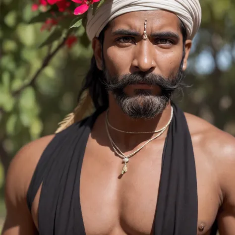 "A person resembling an Indian bhagat, tribal priest, adivasi with a beard, adivasi, aboriginal, he looks like mixers of australoid and negro race, indian aboriginal, indian, he has captured in a close-up shot,sparks, glossy, dust particles , 3D look, suns...