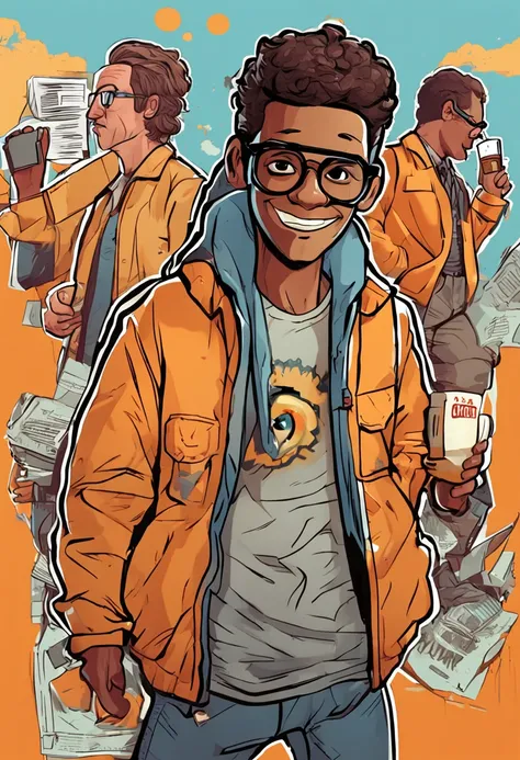 cartoon character, nerd glasses, orange jacket, yellow background, parte superior do corpo cabelos pretos e longos