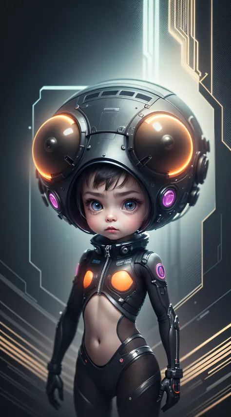 Extraordinary wide portrait of microscopic unknown little small adorable cyberpunk alien species over orange tech style of high tech fashion professional photography, 8k, adorable