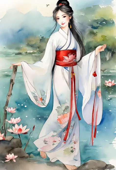 Traditional chinese painting, lotuses, Hanfu, maxiskit, Dress conservatively 1girl, solo, blue long hair, ssmile, standing on your feet, Feet in the water, The barefoot,tmasterpiece，best qualtiy