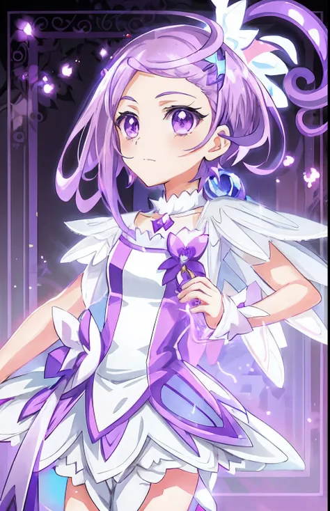 Anime boy in white and purple dress poses for photo, Anime boy with purple short hair, Portrait of a magical boy, Prince of Amethyst, Official Character Art, Symphogear, Magical Boy, Magical Boy Style, hight resolution, Sparkling Magical Boy, with glowing ...