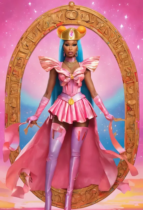 "Create a stunning artwork of Nicki Minaj as a hybrid of Sailor Moon with intricate details, vibrant colors, and dynamic poses. Incorporate elements of Sailor Moons iconic outfit, such as the sailor collar and bow, while adding Nicki Minajs unique style an...