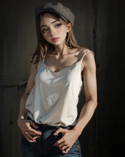 Arad woman in white shirt and jeans poses for portrait, wearing white camisole, wearing camisole, photo of slim girl model, White top, high quality portrait photoshoot, medium portrait top light, clothing photography, Sexy lips，2 4-year-old mixed-race fema...