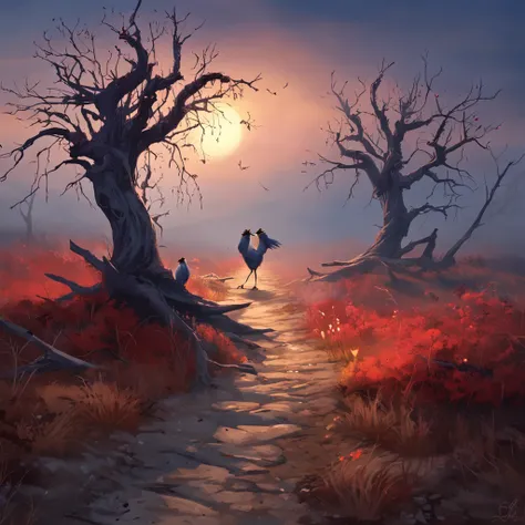 Two crows on a dead tree, A shadow shaped like a walker, Starry night, Thick fog on the ground, Blue light on the horizon, Unreal Engine 5, Cinematic, low angle photography, Motion blur, Depth of field, Dust, Cobblestones and dirt. Splash Art, dripping pai...