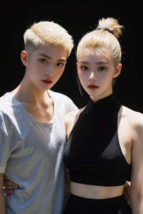 two 20 yo women、a blond、Chinese hair dun,(hi-top fade:1.3)、dark themed、colourfull、highly contrast、(natural skin textures、Hyper-Realism、Soft light、sharp)、Longhaire