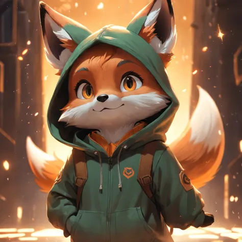 Adorable fox in Pixar movie style, usando um capuz, cinematic lighthing, Depth detection, hiper detalhada, qualidade 8k.  depth of fields，perfect lighting，light particles，（best quality），（tmasterpiece），（Ultra - Detailed），sharp focus，light particles，Niji，fox...