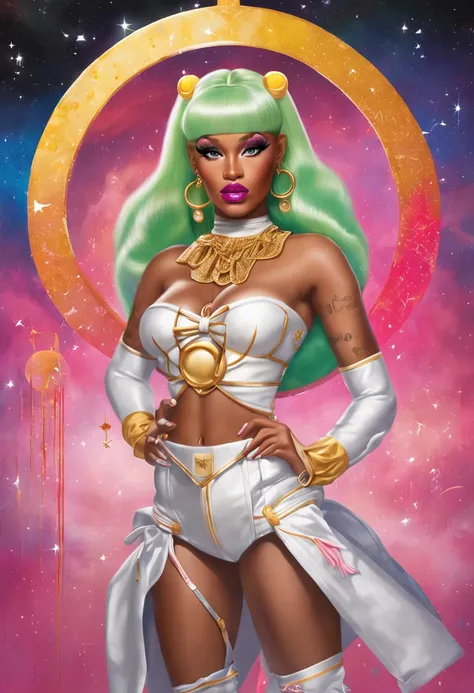 "Create a stunning artwork of Nicki Minaj as a hybrid of Sailor Moon with intricate details, vibrant colors, and dynamic poses. Incorporate elements of Sailor Moons iconic outfit, such as the sailor collar and bow, while adding Nicki Minajs unique style an...