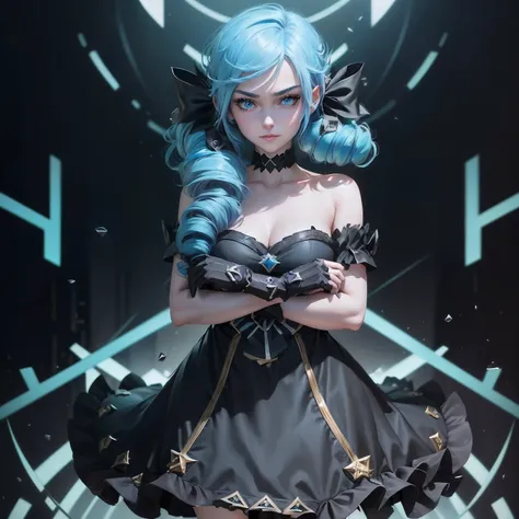 knee level shot of a 1 girl,gwen  (league of legends) ,black bow,black gloves,black legwear,blue eyes,blue hair,bow,collarbone,dress,drill hair, with a face, Anime screencap, Smirking, stylized, Generative Art, (art by Eileen Gray:1.1) ,