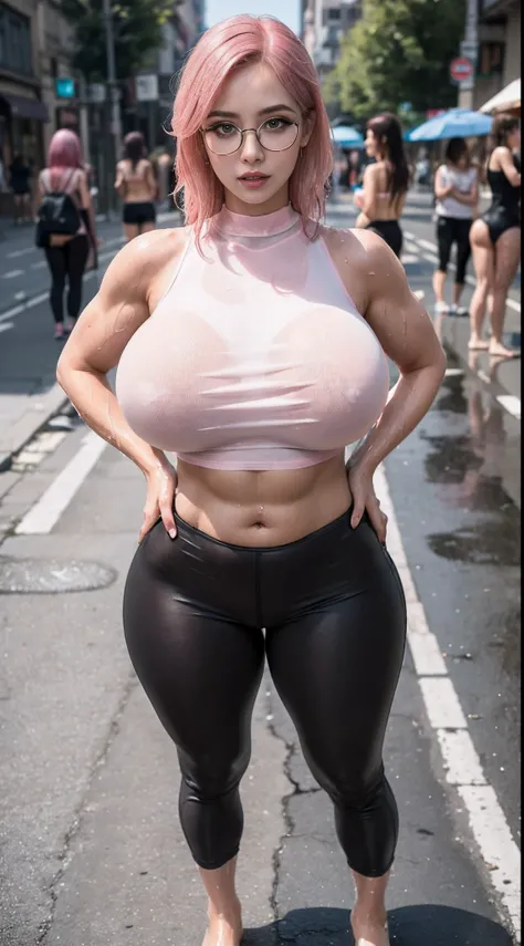 (Mature Woman:1.5), solo, (huge fake breasts:1.5), (muscular curvy body:1.6), (muscle abs:1.2), (expression of lust:1.5), (pink hair:1.5), (glasses:1.5), looking at viewer, (wet sweaty body:1.5): (wet skintight crop top t-shirt:1.5), (skintight camo pants:...