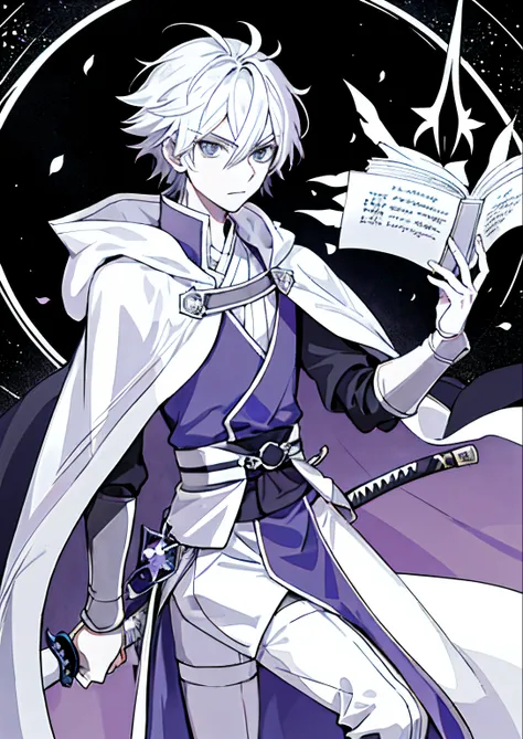 Draw a man in a cloak holding a sword and a book, Delicate androgynous prince, Beautiful androgynous prince Nobutaka Ike, clean anime outlines, perfect lineart, with cape, inspirado em Okumura Masanobu