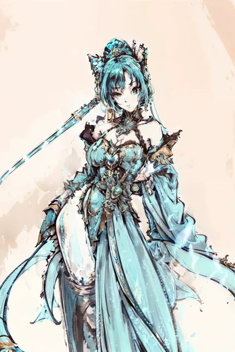 A palace maid with a saber in a turquoise-style costume