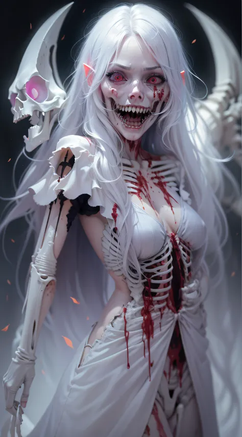 NSFW, BLACKLIGHT, realistic art, extremely delicate and beautiful, ultra-detailed, 1girl, white hair, vampire, yandere, creepy smile, (((eldritch Horror, skeleton, exposed Bone, bleeding, undead, rotting, ripped flesh, Blood, gore, creepy, scary, monster, ...