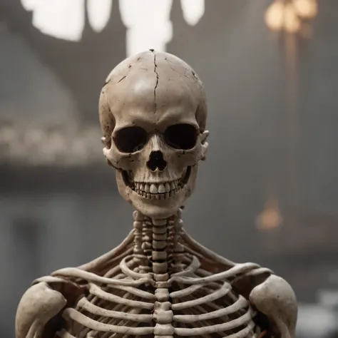 (Professional 3D Rendering:1.3) in the (Realistic:1.3) The most beautiful artwork photos in the world，Features a soft, shiny smiling skeleton, ((Invincible smile,  majestic cluttered environment)), Large Bitcoin object in the background, Full body 8K unity...