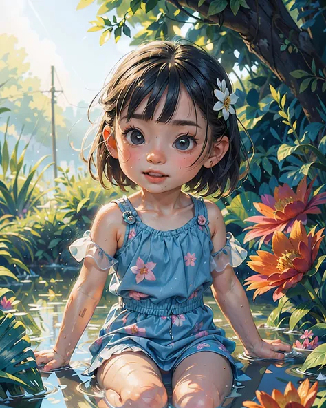 Little Girl, Water Play, Summer, Happy, Flower, Perfect Quality, Clear Focus (Clutter - Home: 0.8), (Masterpiece: 1.2) (Realistic: 1.2) (Bokeh) (Best Quality) (Detailed skin: 1.3) (Intricate Details) (8K) (Detail Eye) (Sharp Focus), (Happy)