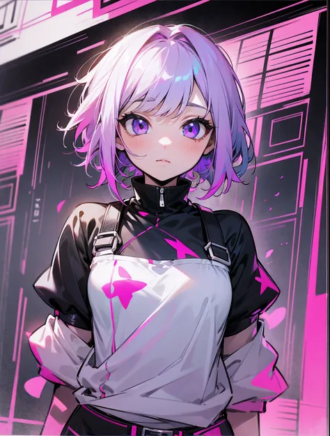 style manga, air color purple, girl years 18, eyers color pink, clothing black and white, short hair. --auto --s2