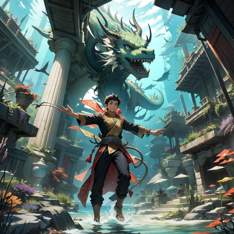 A boy swims at the bottom of the sea，Dragon Palace under the sea