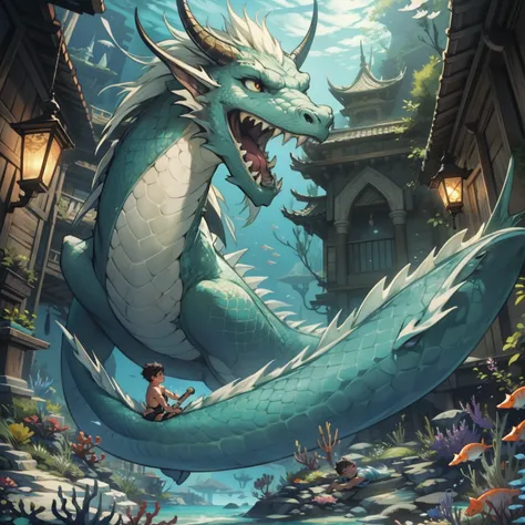 A boy swims at the bottom of the sea，Dragon Palace under the sea