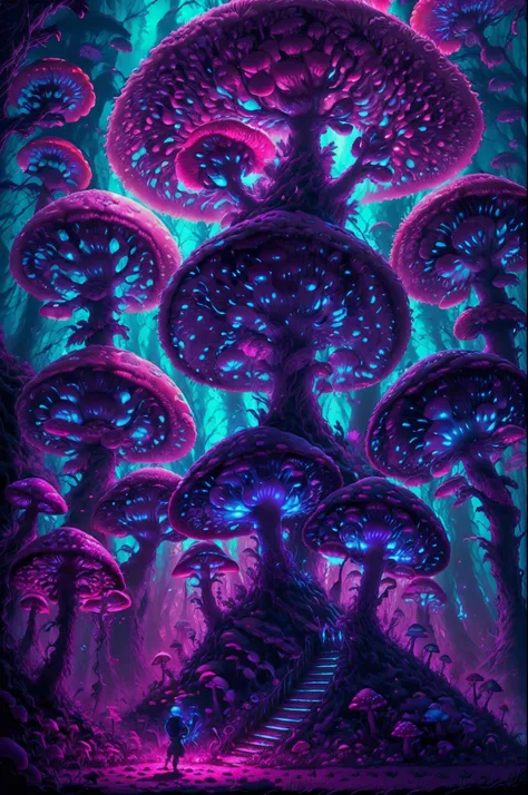 fantasy00d, a kid playing in a mushroom forest, glowing light ,  neon lighting , glwing mushrooms , vibrant colors