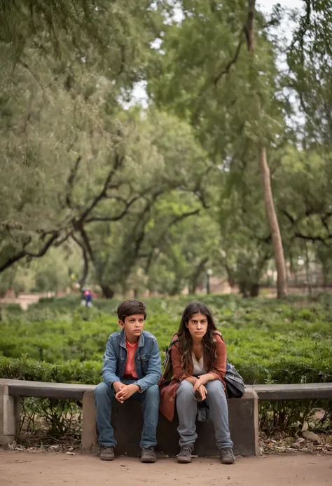 Una ciudad triste, There is a sad boy and girl, sentados en la banca del parque, ciudad llena de basura, abandonada, Dead trees,