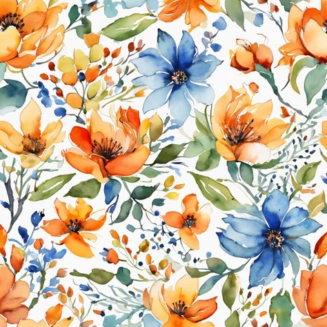 watercolor, flower, blue and orange, beautiful, 1:1, watercolor style, flower and leaf patterns, wet in wet technique, mute, indigo, fabric design, flat illustration, highly detailed cleaning, vector image, masterpiece, professional, isometric, bright vect...